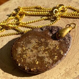 Gold Flecked Resin on Flat Brown Stone Necklace